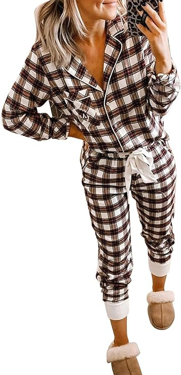GOSOPIN Women Long Sleeve Button Down Shirt with Pants Casual Pajama Sets | Amazon (US)