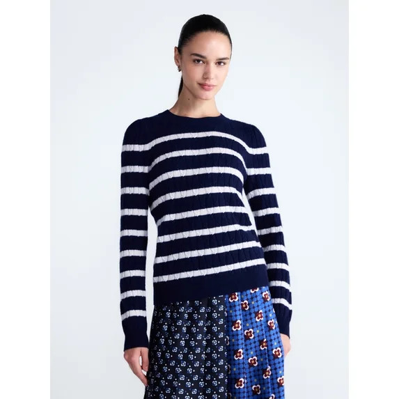 Free Assembly Women's Cashmere Cable Knit Sweater with Puff Sleeves, Midweight, Sizes XS-XXL | Walmart (US)