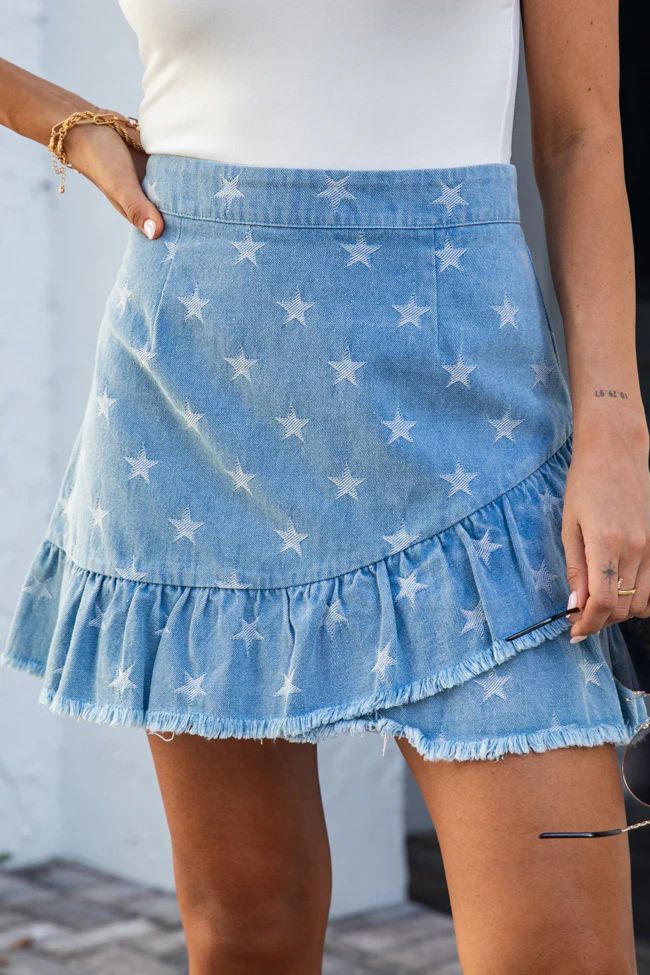 Starry Eyes Star Print Denim Skirt | Pink Lily