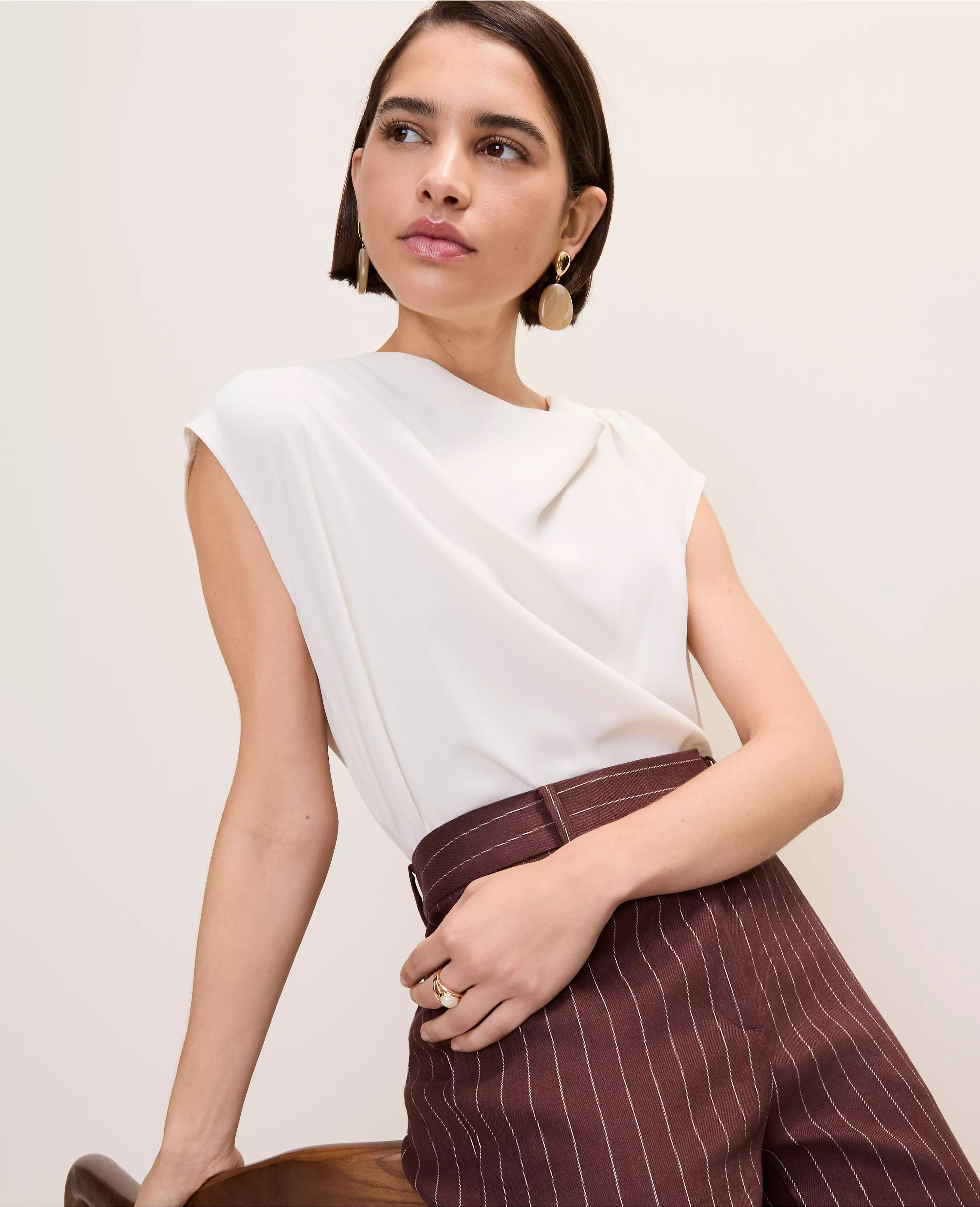 Petite Mixed Media Cowl Neck Top | Ann Taylor