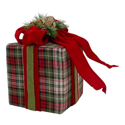 9" Red And Green Plaid Christmas Present Decoration With Bow | Wayfair North America