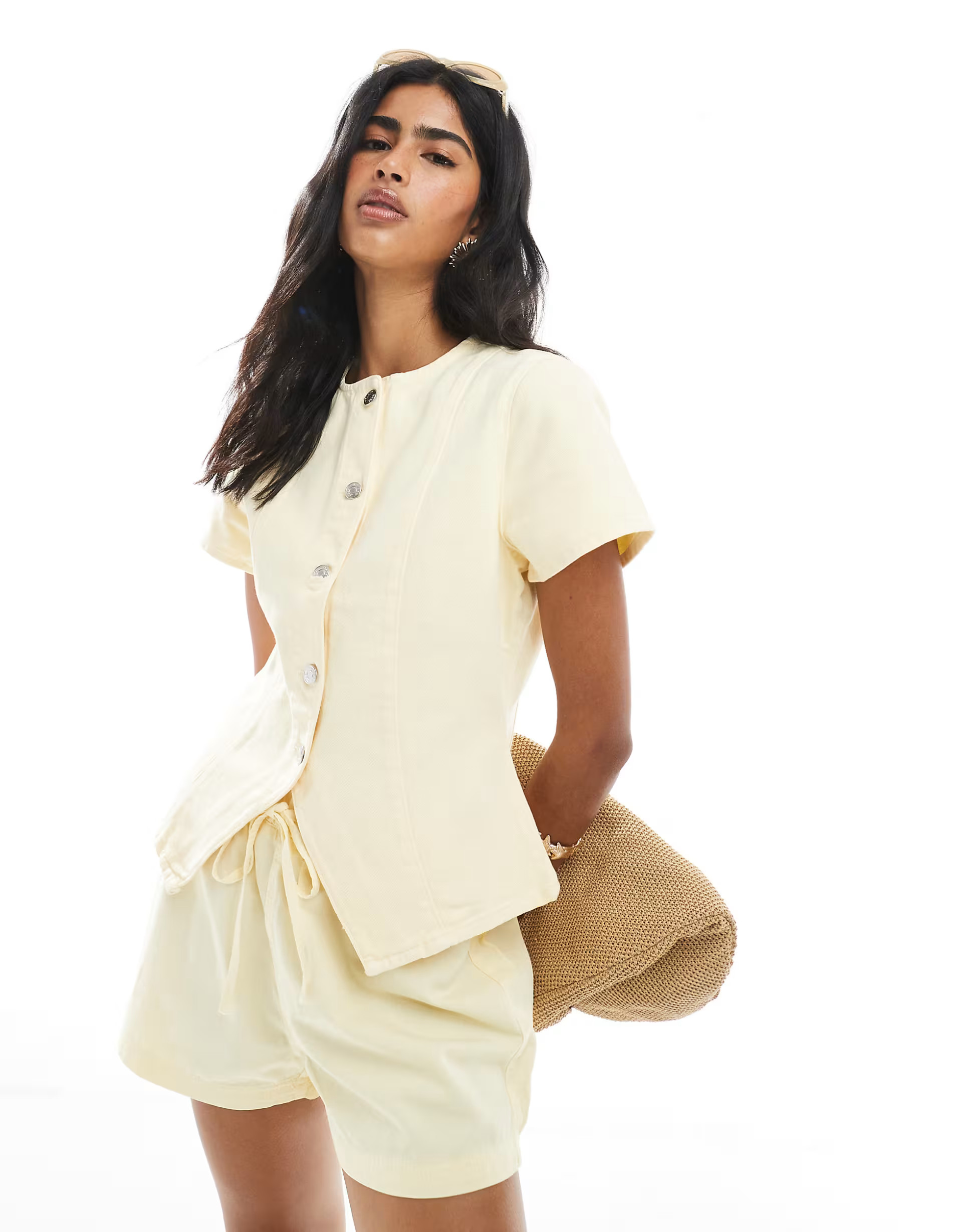 ASOS DESIGN denim button up short sleeve top in yellow | ASOS (Global)