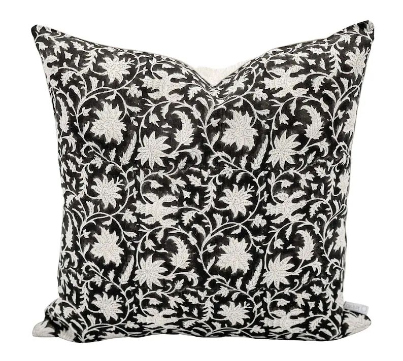 Designer Floral Umber Black on Natural Linen Pillow Cover, Black and White Pillow, Boho Pillow, D... | Etsy (US)