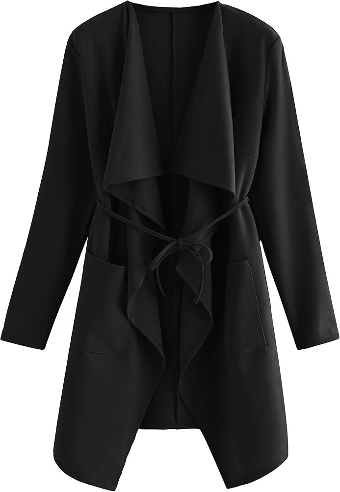 Romwe Women's Raw Cut Hem Waterfall Collar Long Sleeve Wrap Trench Pea Coat Cardigan | Amazon (US)
