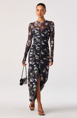 ASTR the Label | Mesh Ruched Maxi Dress in Blue multi floral |  Size XS | ASTR The Label (US)