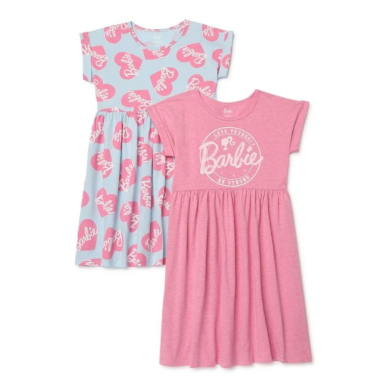 Mattel Barbie Girls Printed Skater Dress with Short Sleeves, 2-Pack, Sizes 4/5-14/16 | Walmart (US)
