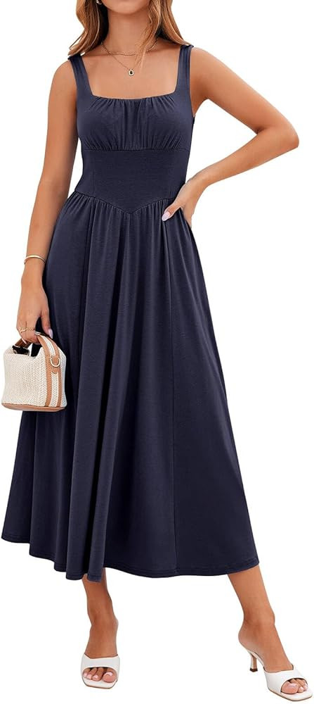 Womens Casual Summer Dress with Pockets | Sleeveless Square Neck Flowy A-Line Midi Sundress for B... | Amazon (US)