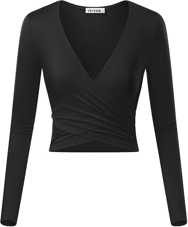 VETIOR Women's Deep V Neck Long Sleeve Unique Slim Fit Cross Wrap Shirts Crop Tops | Amazon (US)