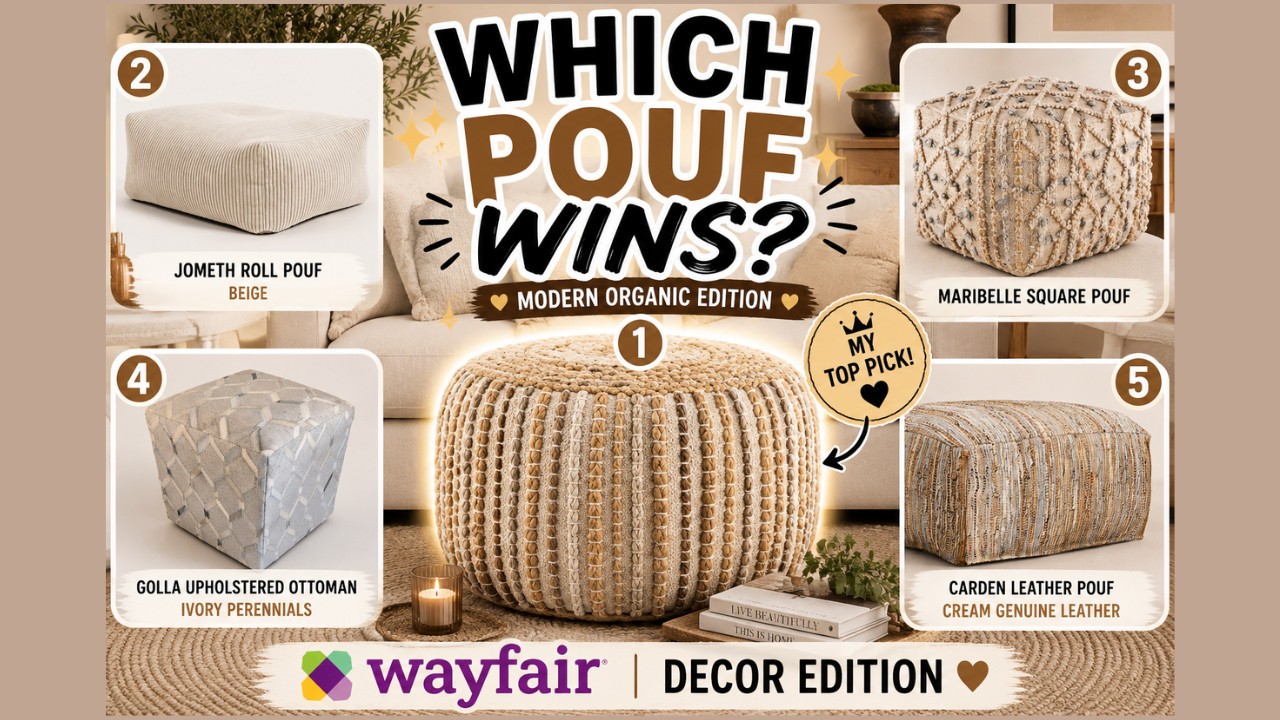 Wayfair Poufs & Ottomans That Look EXPENSIVE 🤎

Looking for that perfect finishing touch for your living room, bedroom, or reading nook?
Today I'm sharing five beautiful Wayfair poufs and ottomans that bring texture, warmth, and designer-inspired style to any space.
From natural jute and genuine leather to cozy upholstered pieces, these versatile accents can function as extra seating, footrests, or decorative styling pieces.
✨ Featured Finds:
• Jometh Roll Pouf – Beige
• Susie Jute Pouf
• Golla Upholstered Ottoman – Ivory Perennials
• Maribelle Square Pouf
• Carden Leather Pouf – Cream Genuine Leather
These are the small details that can make a room feel professionally designed.
Shop all of my favorite Wayfair finds through my Wayfair Storefront, LTK, and ShopMy linked below.


🛍️Wayfair Storefront:



🛍️LTK:



🛍️ShopMy:
https://shopmy.us/shop/collections/5669546



#Wayfair
#WayfairFinds
#Ottoman
#Pouf
#HomeDecor
#LivingRoomDecor
#InteriorDesign
#ModernOrganic
#NeutralHomeDecor
#HomeStyling
#AffordableLuxury
#DesignerLookForLess
#WayfairCreator
#LTKCreator
#Over50AndChic


wayfair pouf, wayfair ottoman, ottoman ideas, pouf decor, living room decor, home accessories, neutral home decor, modern organic decor, leather pouf, jute pouf, upholstered ottoman, designer inspired home decor, affordable luxury decor, interior design inspiration, living room styling, bedroom decor ideas, accent furniture, cozy home decor, wayfair finds, home decorating ideas 

 #LTKdayinmylife #LTKOver40 #LTKHome