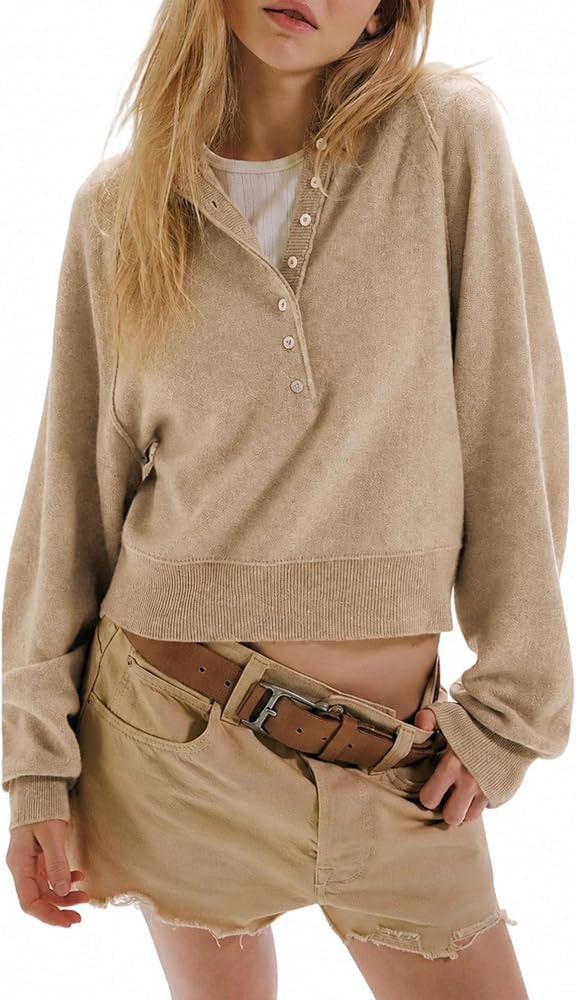 Womens Henley Knit Sweater Long Sleeve Half Button Down Pullover Loose Fit Spring Tops Dressy Cas... | Amazon (US)