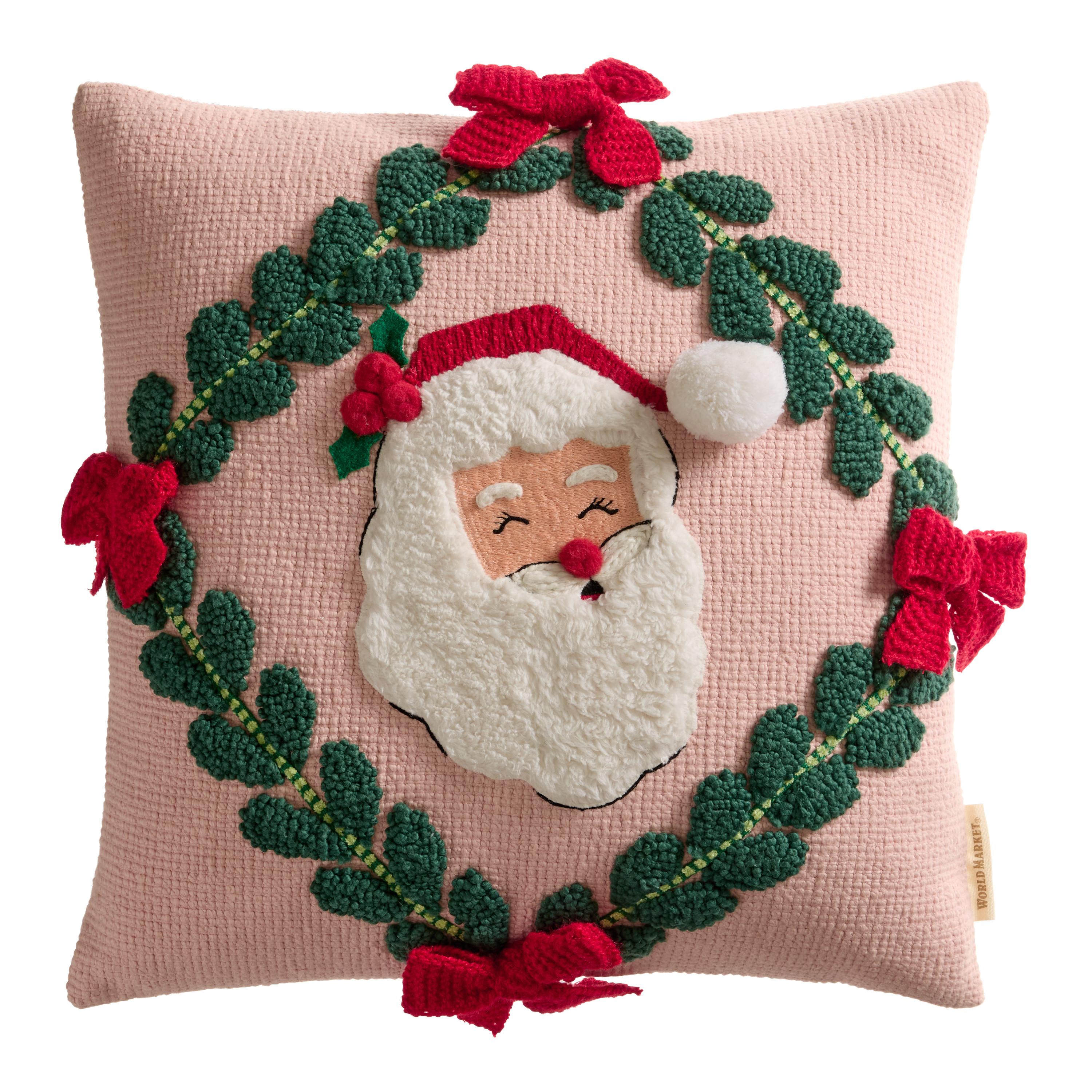 Pink and Red Retro Santa Embroidered Throw Pillow | World Market
