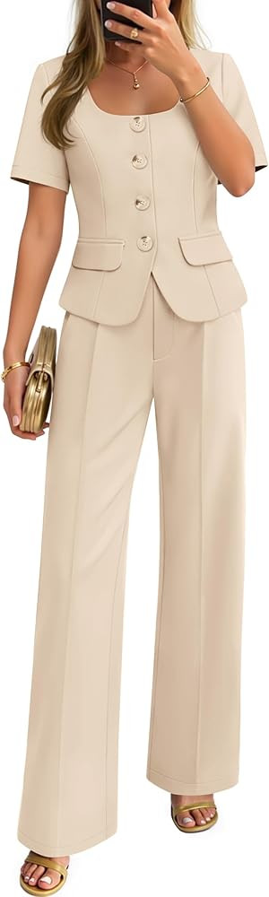 ZESICA Women's Summer Two Pieces Suits Set 2026 Short Sleeve Blazer Wide Leg Pants Business Casua... | Amazon (US)