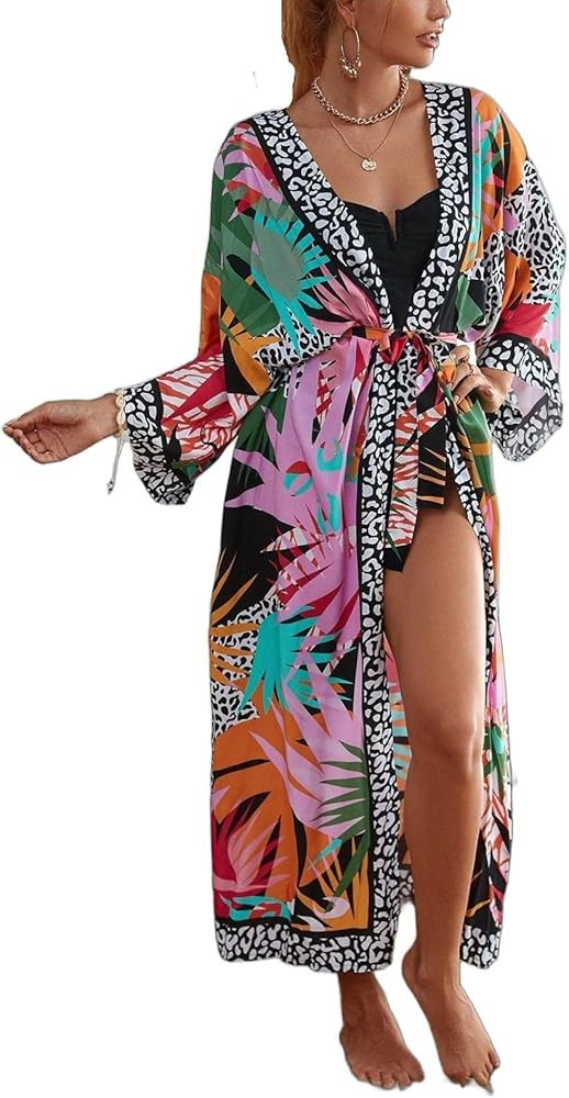 Women\u2019s Kimono Cover Up Long Beach Dress Swimsuit Cover Ups Colorful Cardigan Lightweight Ro... | Amazon (US)