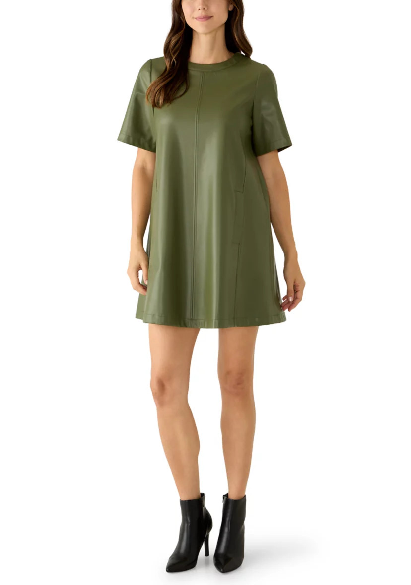 Women's Elbow Sleeve Vegan Leatheer Trapeze Dress | Belk