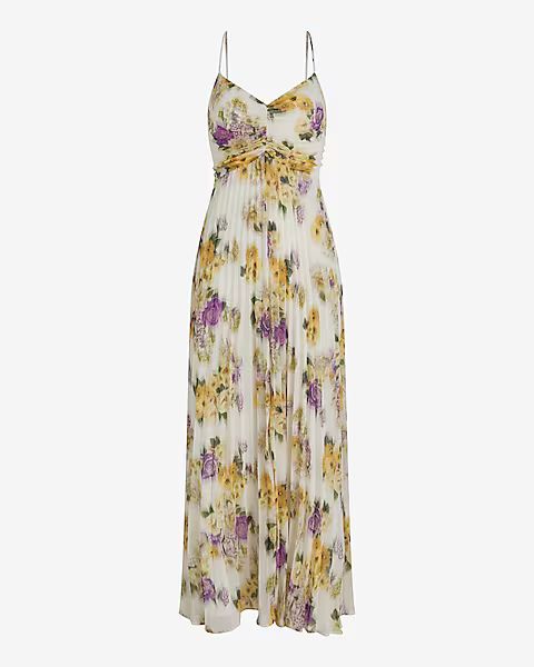 Floral V-Neck Pleated Cross Back Maxi Dress | Express