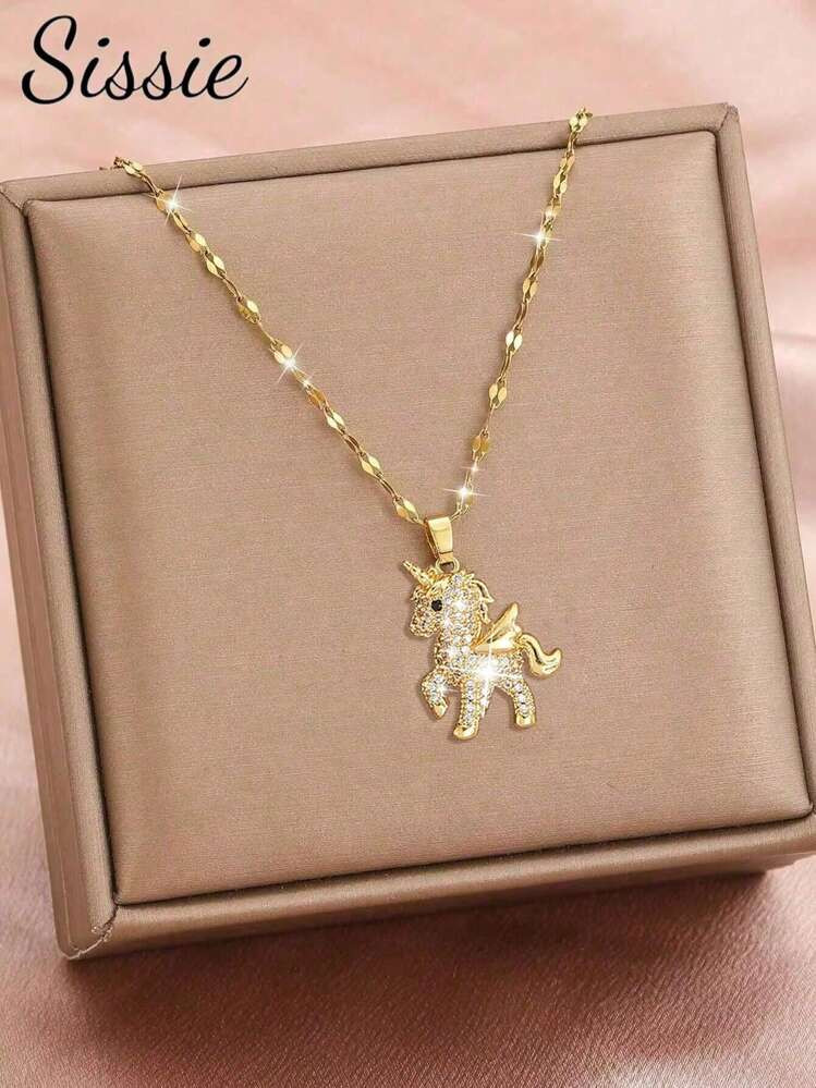 1pc Kids Exquisite Fashionable Unicorn Pendant Copper & Zirconia Necklace With Stainless Steel Ch... | SHEIN