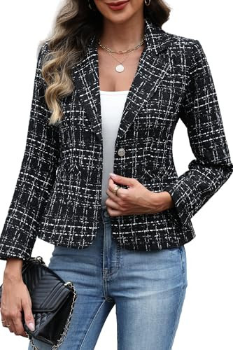ELLEVEN Womens Blazer Business Casual Suit Jackets Tweed Blazers for Women Slim Fit Fitted Outfits Long Sleeve Stand Collar Blazer Dressy Coat Cardigan with Padded Shoulder Black Medium | Amazon (US)