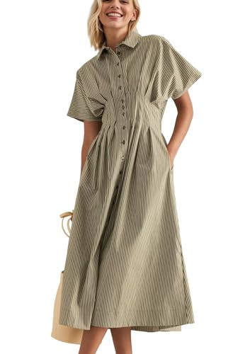 Women Striped Button Down Pleated Shirt Dress Summer Short Sleeve Ruffle A Line Swing Long Blouse... | Amazon (US)