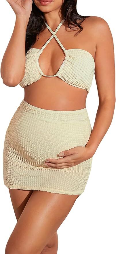 SHENHE Women's Maternity 3 Pieces Swimsuits High Waisted Halter Bikini Set with Cover Up Skirt | Amazon (US)