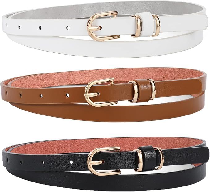 LEACOOLKEY Women Skinny Leather Belt for Dress for Jeans-Ladies Waist Belt with Gold Buckle | Amazon (US)