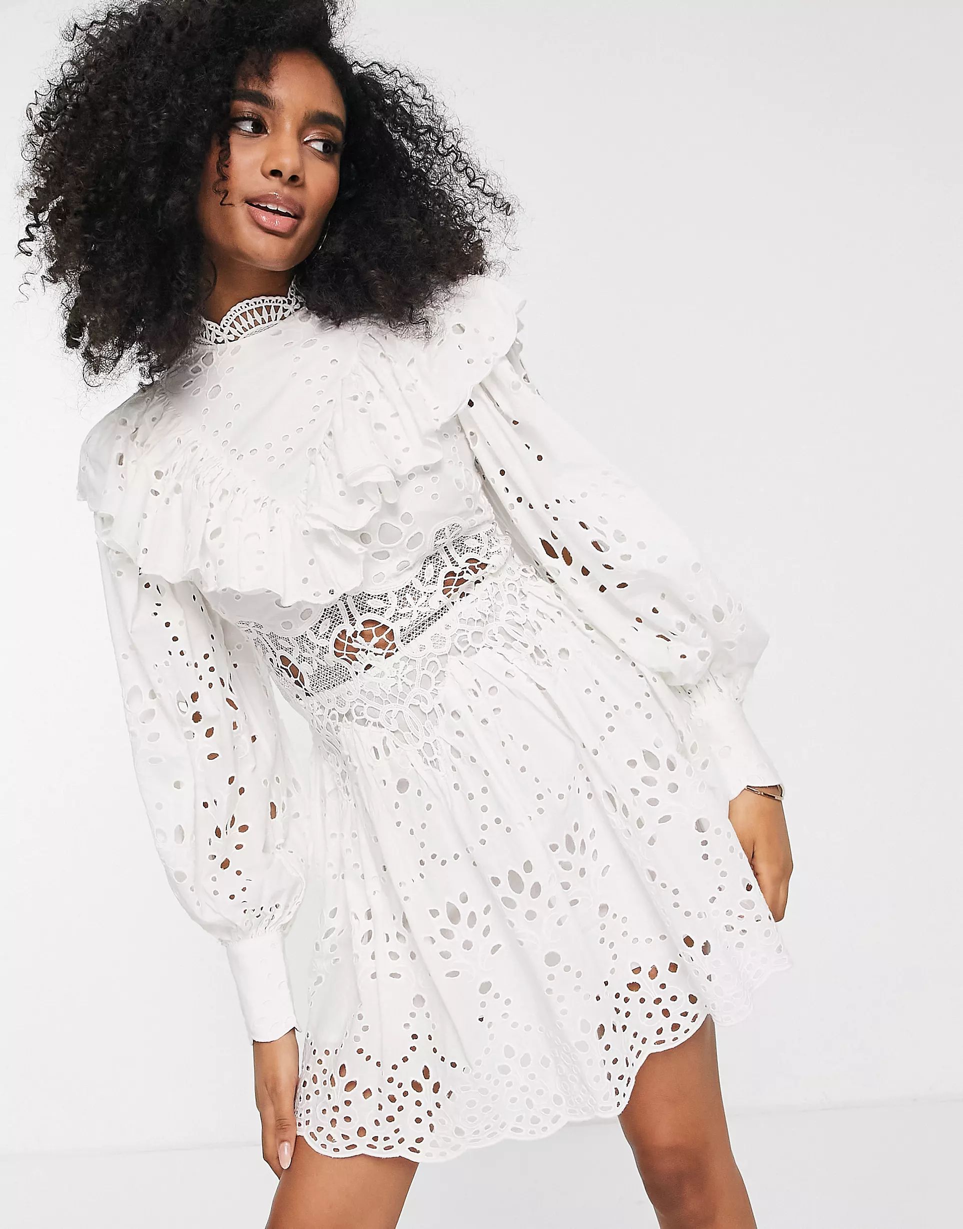 ASOS EDITION waisted broderie mini dress with ruffle detail in white | ASOS (Global)