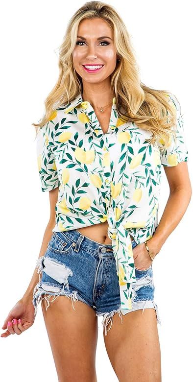 Women's Bright Hawaiian Shirt for Summer - Tropical Tie Front Top Aloha Shirts | Amazon (US)