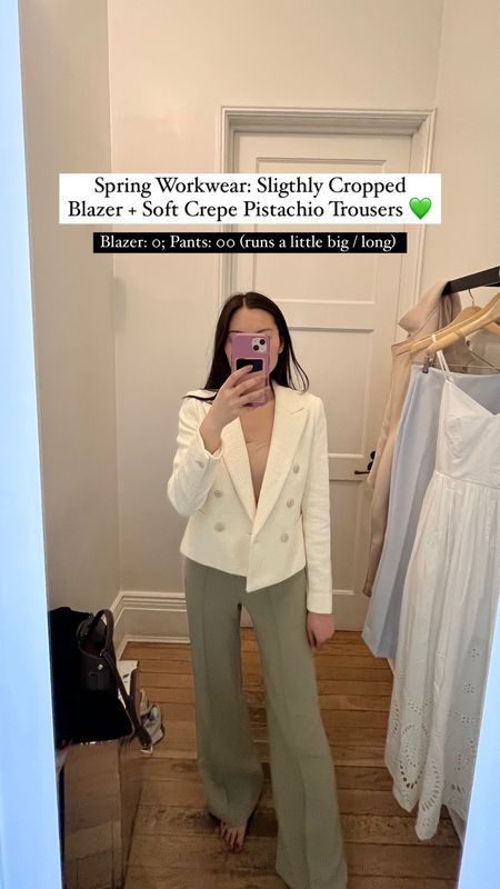 Spring workwear outfit - off white textured blazer, and pistachio light green soft crepe trousers. Blazer: wearing 0; Trousers: 00. I am 5’6” for reference and found the trousers to run slightly long, and big. Color is chefs kiss! 

#LTKstyletip #LTKSeasonal #LTKworkwear