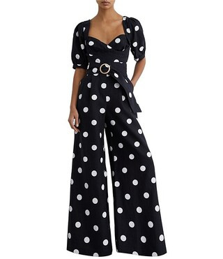 Brook Linen Structured Polka Dot Sweetheart Neck Short Puff Sleeve Wide Leg Jumpsuit | Dillard's