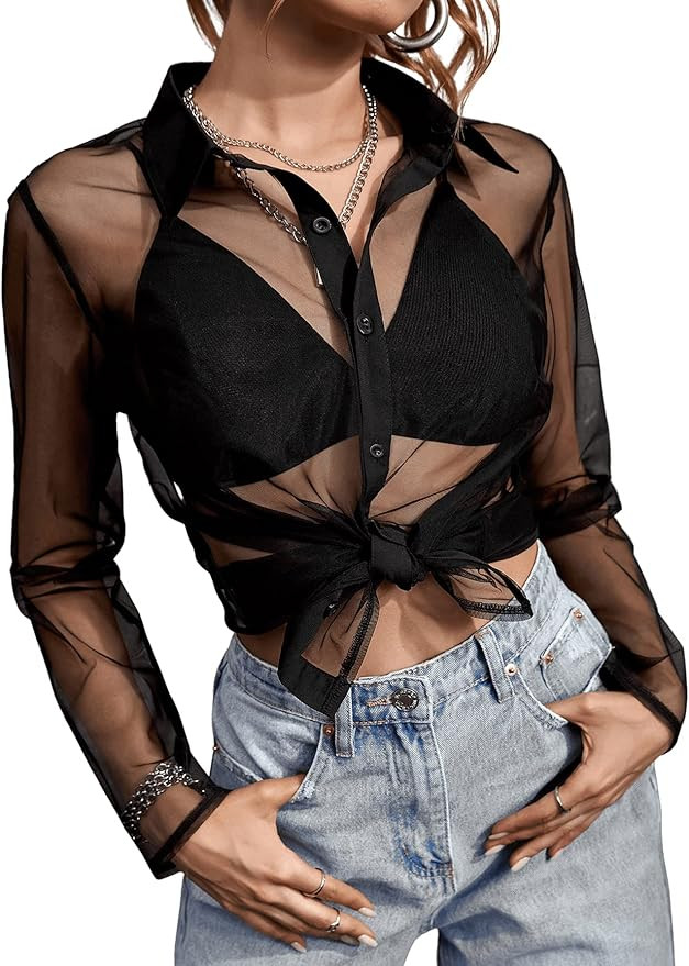 OYOANGLE Women's See Through Long Sleeve Button Front Collared Blouse Sheer Shirt Black M at Amaz... | Amazon (US)