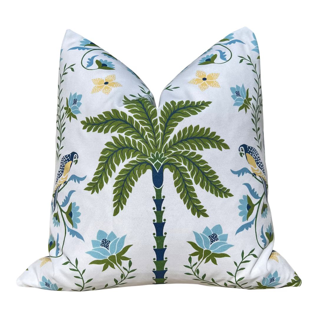 Schumacher Island Palm Outdoor Decorative Pillows. Designer Pillow Covers, Accent Blue Green Trop... | Etsy (US)