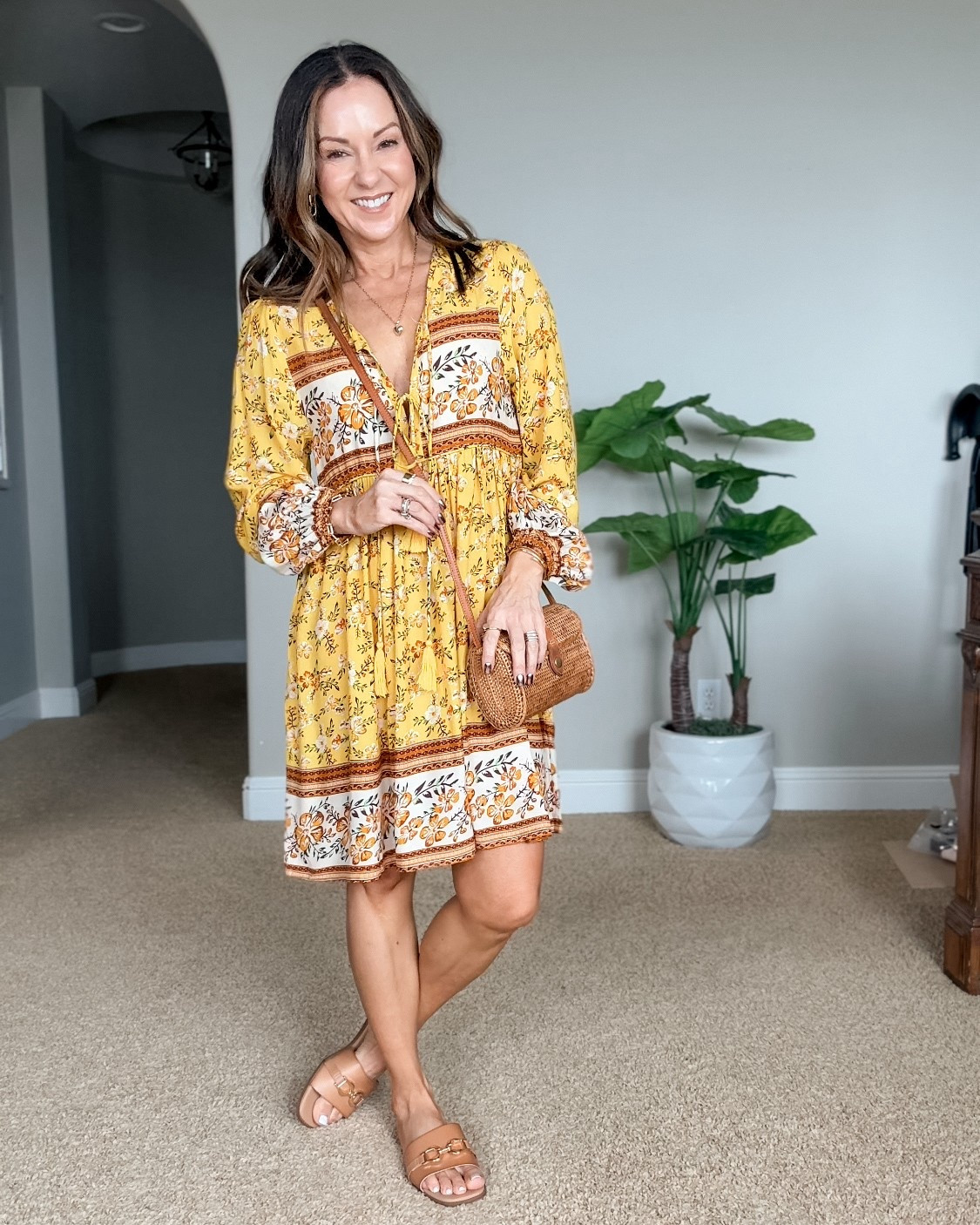 Easy summer outfit. Dress size XS, comes in a ton of colors.  This color is currently sold out. For reference: i'm 5'1", 108lbs. Slides TTS, my favorite purse for vacation. 

#LTKPetite #LTKOver40 #LTKSeasonal