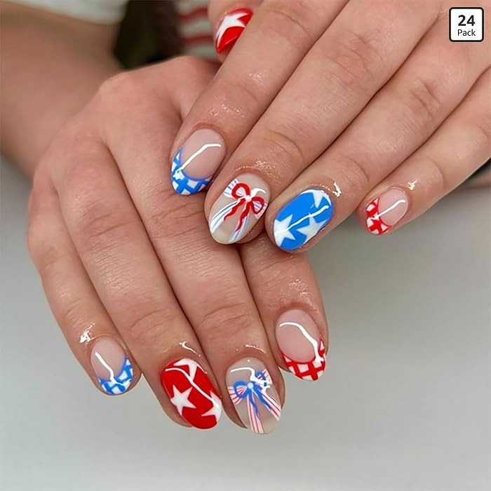 Nude Almond Press on Nails Independence Day Blue Red Fake Nails with Bow Pentagram Design Stripe ... | Amazon (US)
