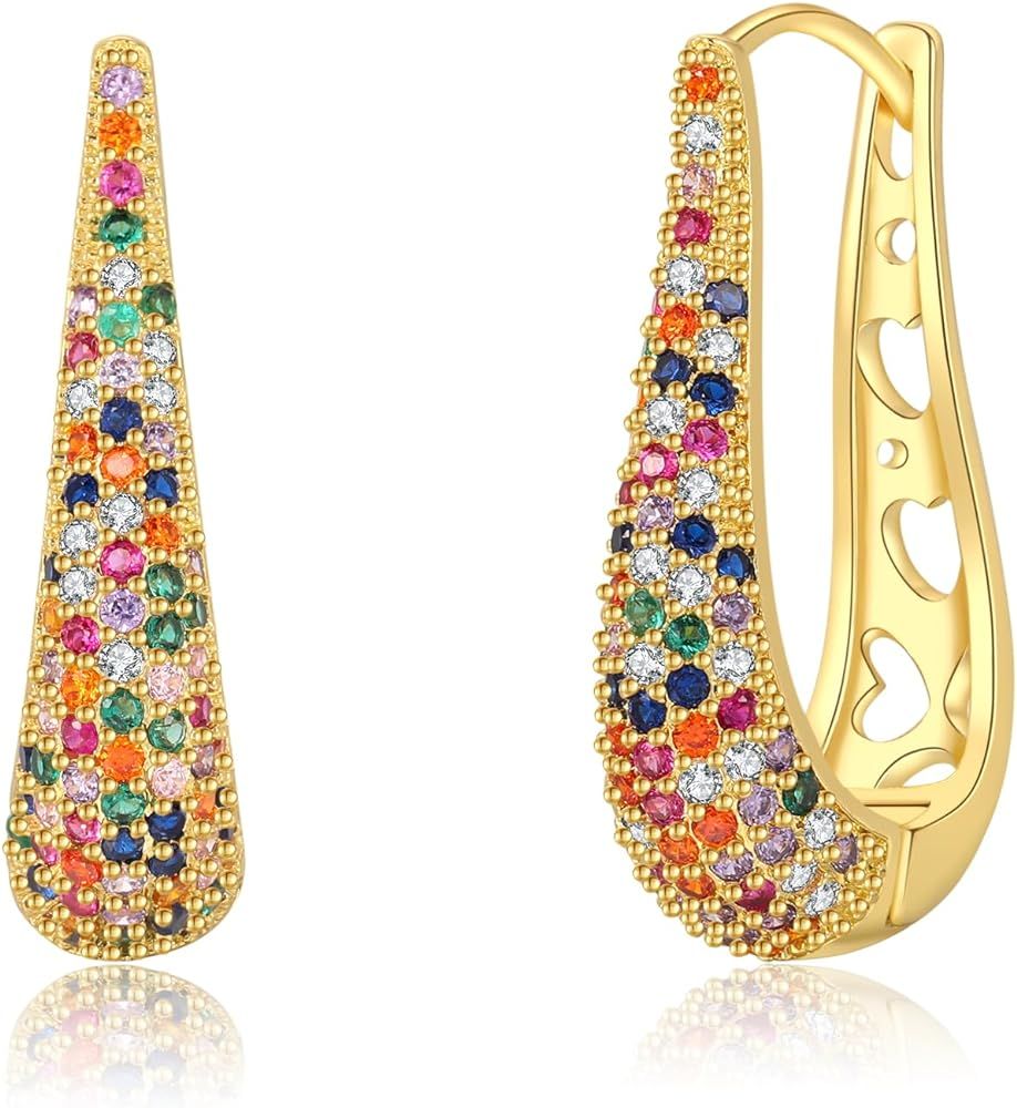 Large Hugging Hoop U Shaped Earrings - 14K Real Gold Plating | Hollowed Out With Colored Zirconia... | Amazon (US)