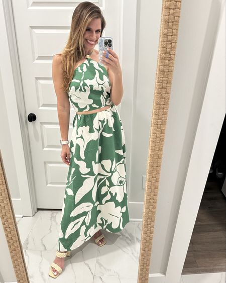 Green and white linen floral set from H&M. Runs big! Size down for the best fit. Vacation outfit, skirt and top can be worn separately too! 

#LTKSeasonal #LTKfindsunder50 #LTKstyletip