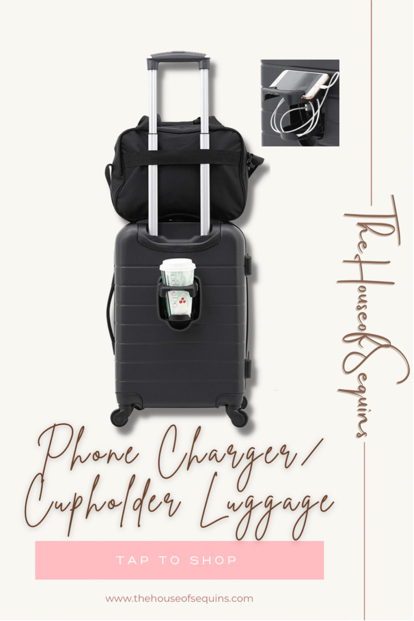 Travel hacks: portable phone charger and cupholder luggage.  Amazon finds, Walmart finds. #thehouseofsequins #houseofsequins #tiktok #reels #deals #travel #travelhacks #lifehacks #vacation #airport  #luggage #packing #carryon #portablecharger #cupholder #giftsforhim #giftsforher 