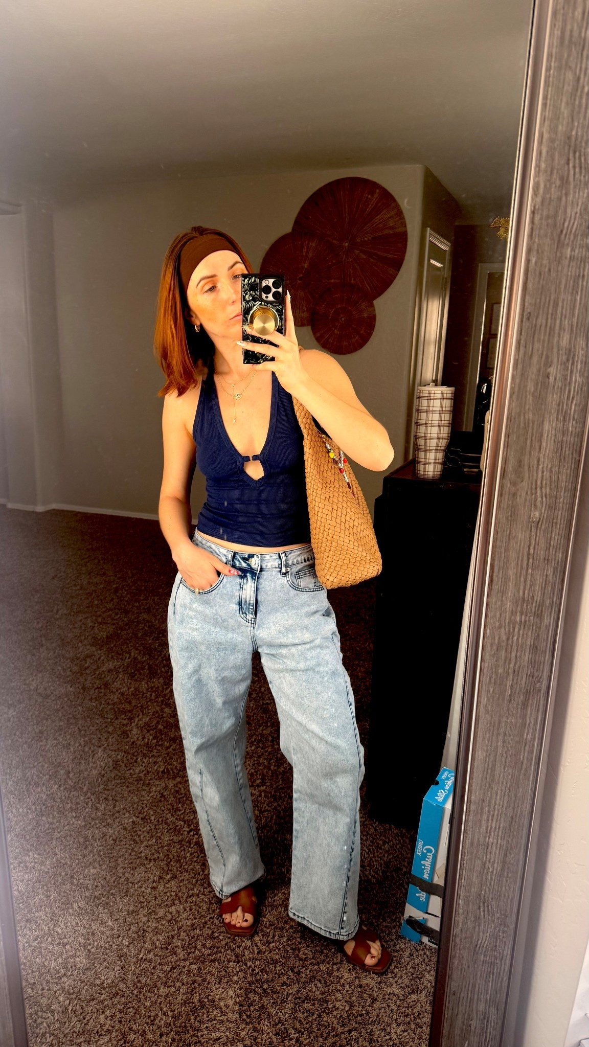 Blue tank top size small, barrel jeans are oversized so go down for a tighter truer fit, sandal tts, jewelry hypoallergenic, press on nails are handmade, bag is a literal dream and almost identical to the black Botega look alike I use everyday!

#LTKmomlife #LTKootd #LTKPetite