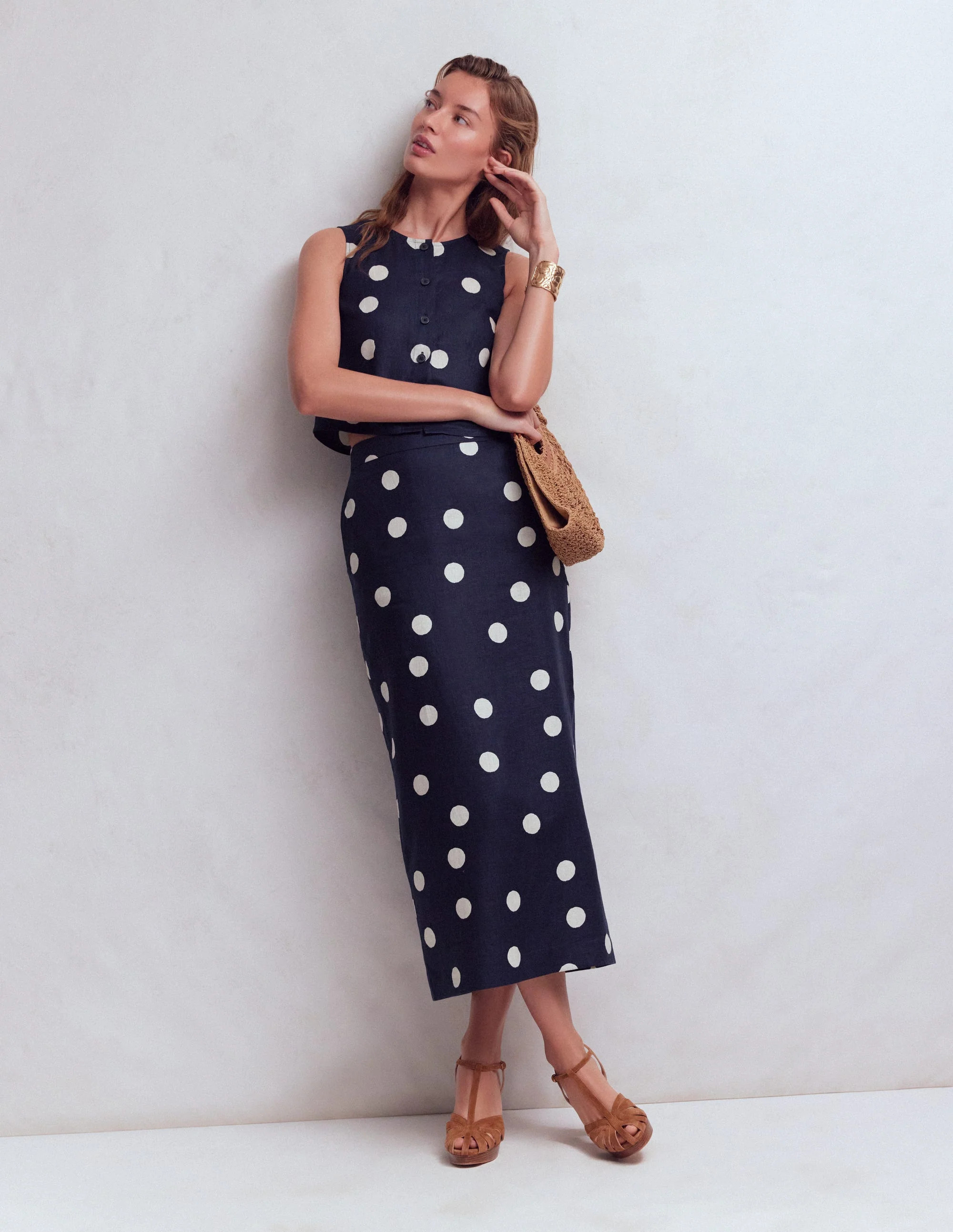 Longline Column Skirt-French Navy, Ivory Spot | Boden (US)