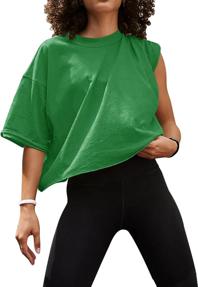 UEU Women's Comfy Basic Workout Gym Short Sleeve Crop Tops Casual Loose Oversized T-Shirts | Amazon (US)