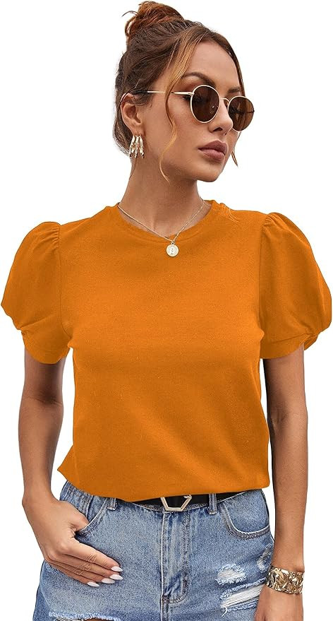 SweatyRocks Women's Summer Short Puff Sleeve Tee Top Round Neck T-Shirt | Amazon (US)