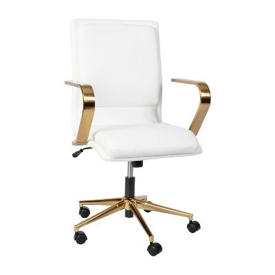 Emma and Oliver Modern White Faux Leather Upholstered Mid-Back Home Office Chair with Arms and 5 Star Brushed Gold Base | Target