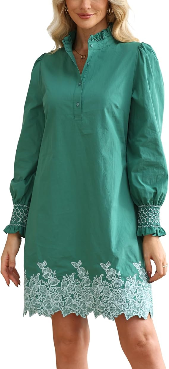 Women's Spring Embroidered Mini Dress Long Puff Sleeve Ruffle Collar Button Front Shift Dress | Amazon (US)