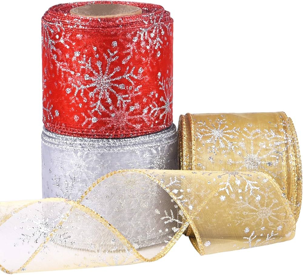 Livder Christmas Wired Sheer Glitter Snowflake Organza Ribbon for Xmas Tree, Wreath, Party Decora... | Amazon (US)
