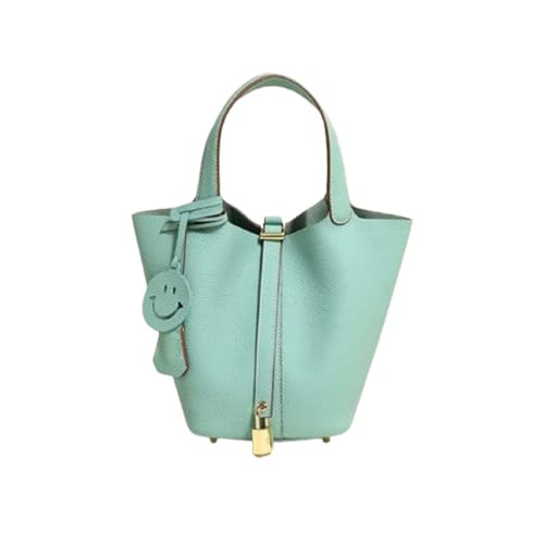 JUNZNB Genuine Leather Soft Bucket Bag for Women,Top Basket with Lock Bag Solid Color Tote Bag,Casual Shoulder Bucket Bag (Mint Green) | Amazon (US)