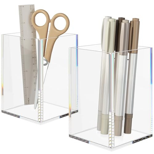 NIUBEE Acrylic Pen Holder 2 Pack,Clear Desktop Pencil Cup Stationery Organizer for Office Desk Accessory | Amazon (US)