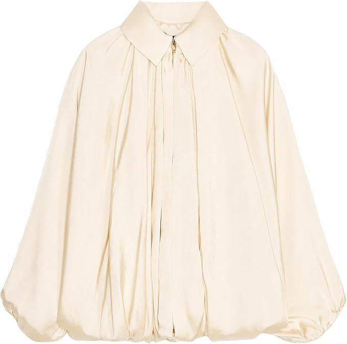 Womens Puffed Bomber Jacket Casual Batwing Sleeve Lapel Collar Zip Shirts Oversized Pleated Stree... | Amazon (US)