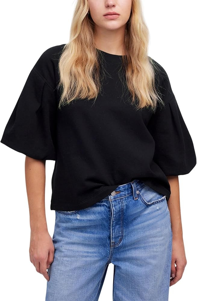 Women Cropped Sweatshirt Tee Puff Short Sleeve Crewneck Pullover Top Solid Casual Summer T-Shirt ... | Amazon (US)