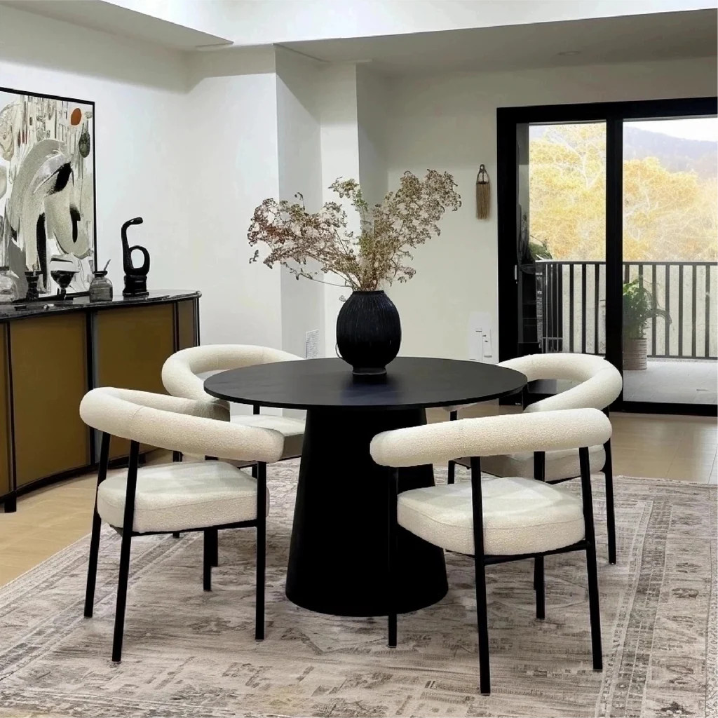 Dwen & New York 46" Round & Boucle Dining Table Set for 4 (5-Piece) | Pop Maison