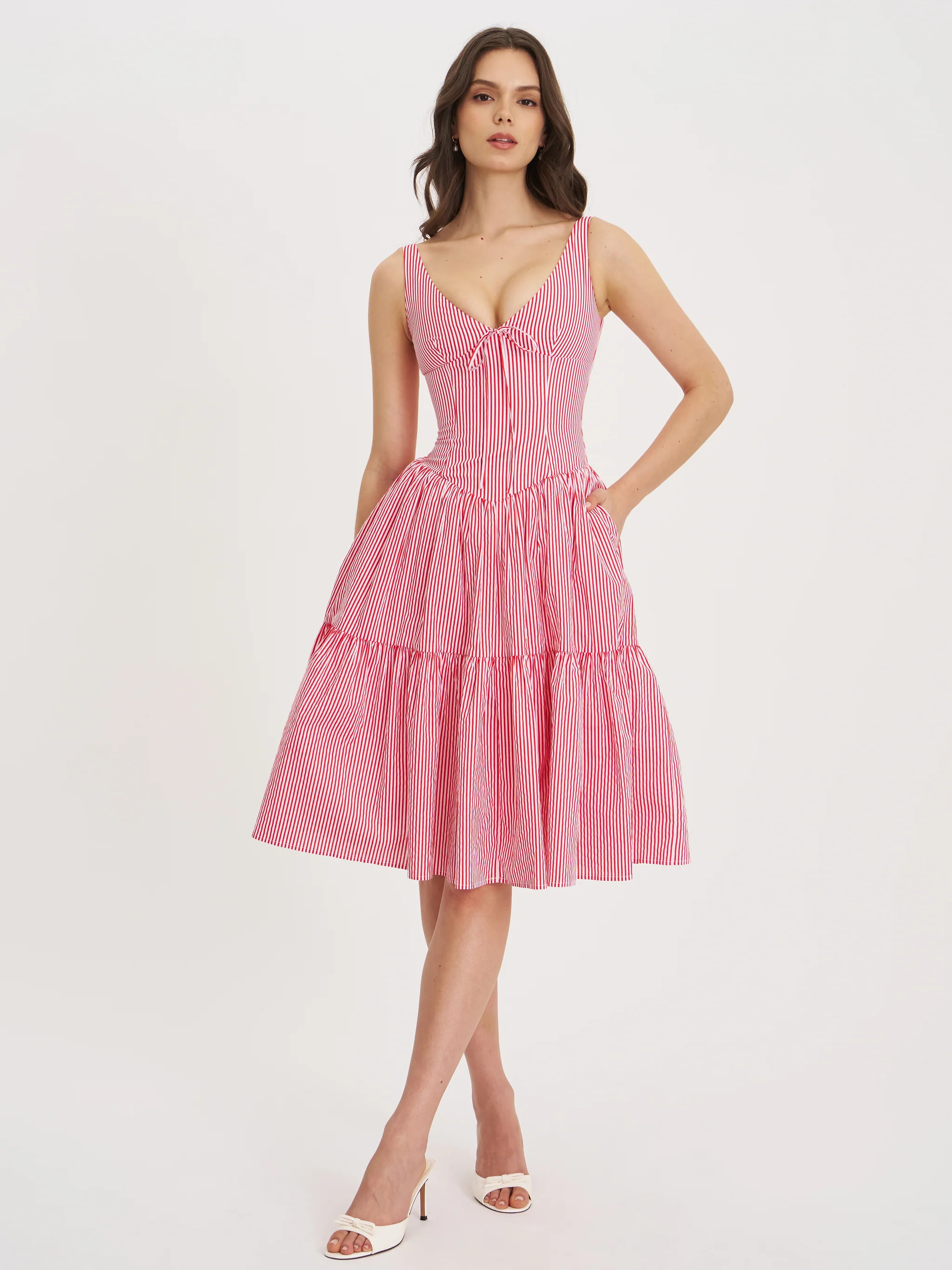 Oceana Red Candy Stripe Drop Waist Midi Dress | Miss Circle