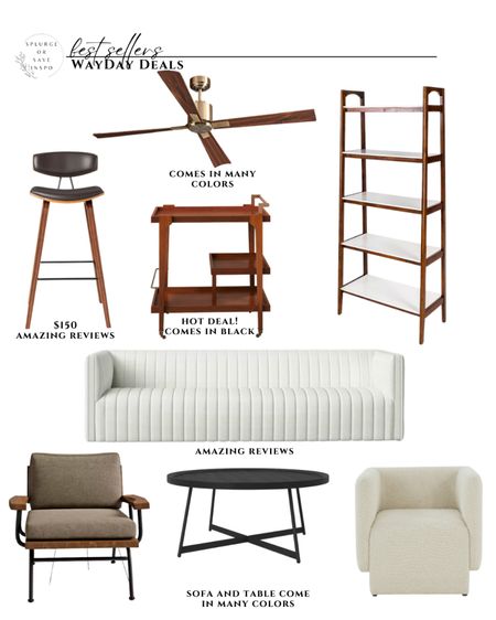 WayDay sale. Modern sofa white. Wooden bar cart modern. Modern accent chair boucle.  Modern fan wood and brass.  Tall shelving unit modern. Round coffee table black. Leather counter stool black. Rustic accent chair gray. 

#LTKsalealert #LTKhome #LTKFind
