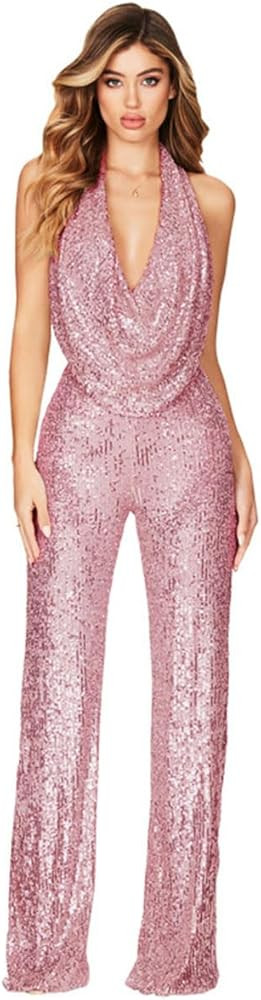 Aelidiya Sequin Jumpsuits Halter Cowl Neck Backless Romper Shiny Overalls Pants | Amazon (US)